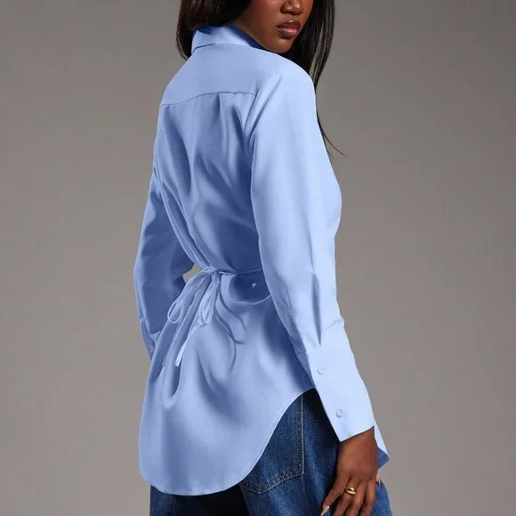 Blue Casual Women's Long Sleeve Button Up Top - Picture 3 of 7
